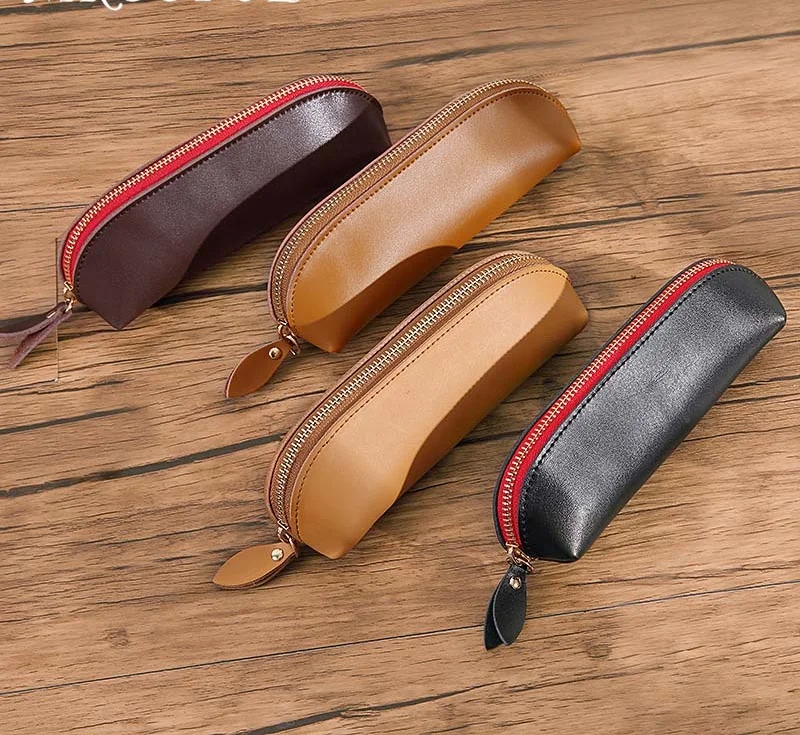 

Чехол ручной работы из натуральной воловьей кожи в стиле ретро, портативный винтажный Чехол для карандашей на молнии, офисные и школьные пр...