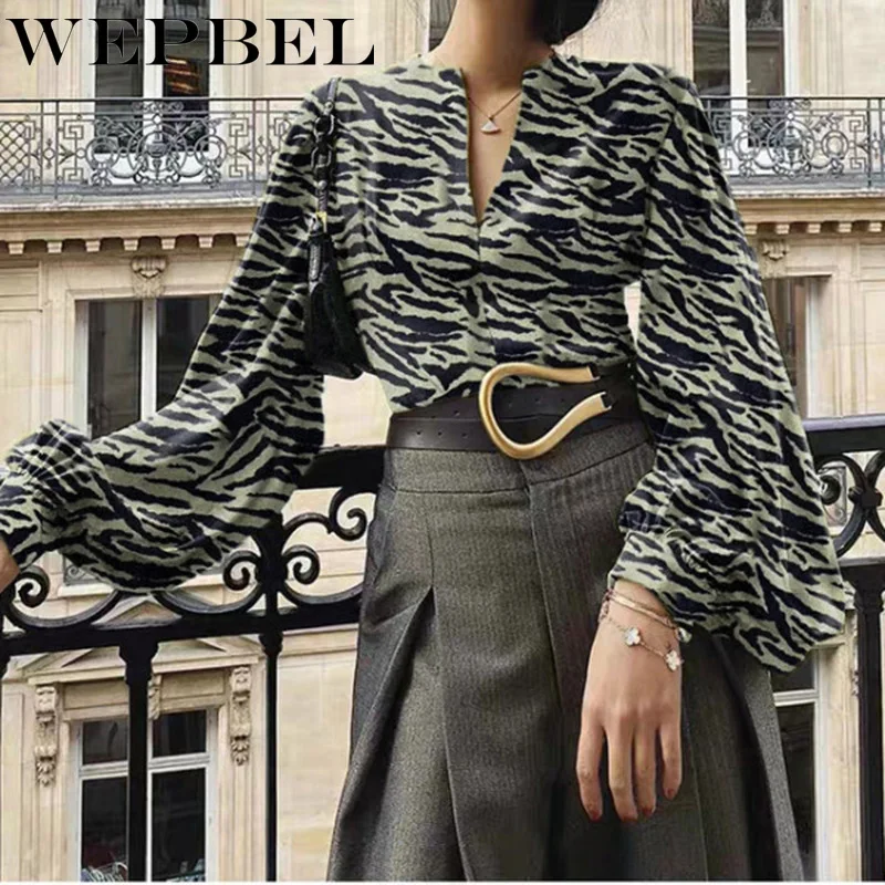 

Mandylandy Women Vintage Print Loose Shirt Lady Elegant New Fashion Long Sleeve V Neck Blouse Pullover Top