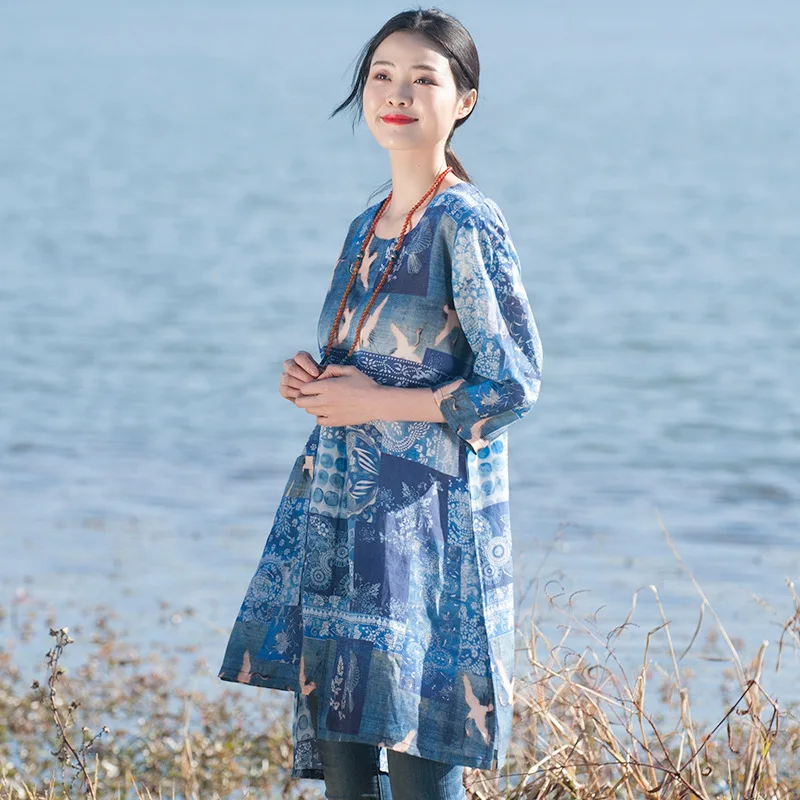 Women Printed Irregular Length Print Tops Shirts Ladies Vintage Long Blouse Female Retro Spring Summer Half Sleeve | Женская одежда