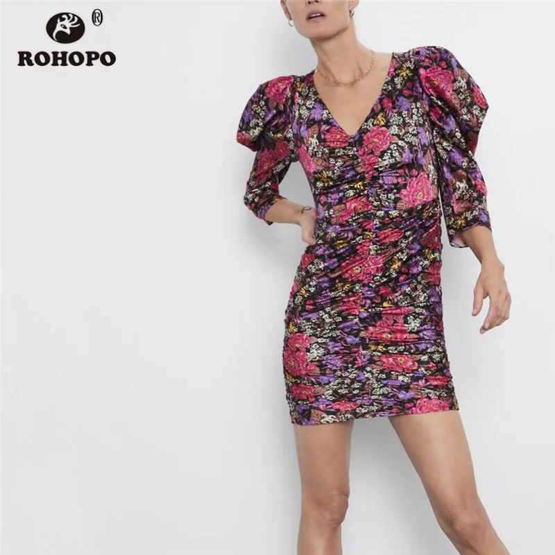 ROHOPO Puff Sleeve Autumn Floral Draped Cake Dress V Collar Back Zipper Closure Sheathe Printed Sexy Mini Party Vestido #9719 | Женская