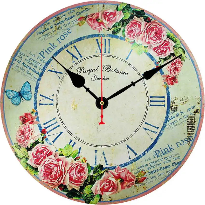 

Vintage Chic Floral Pink Rose Clocks Wall Art Decor Wooden Round Clock 14Inch Large Wall Decorative Silent Non Ticking Watches
