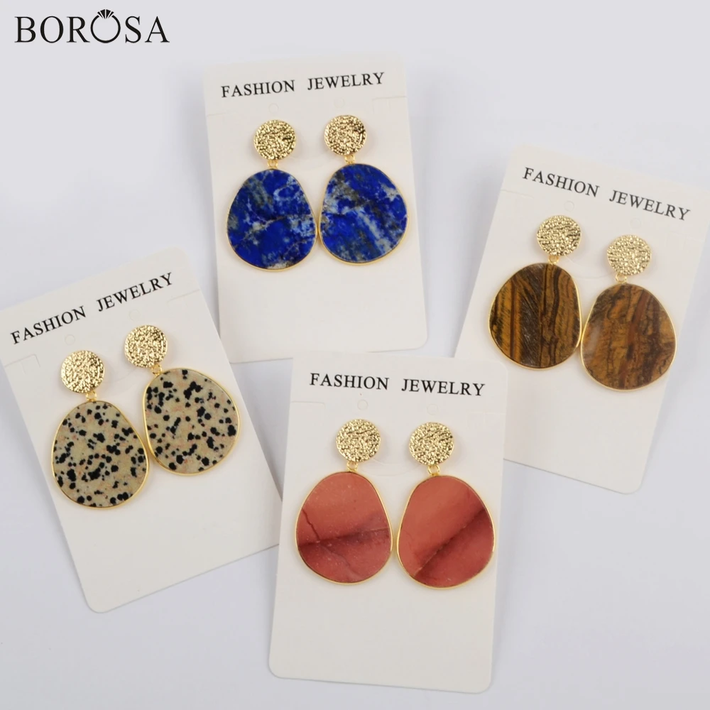 

BOROSA 4Pairs Fashion Gold Bezel Multi-kind Natural Stone Slice Earrings Lapis Lazuli Drop Earring Jewelry for Women WX1194
