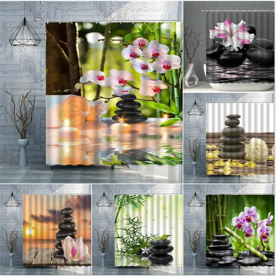 

Zen Stone Shower Curtain Green Bamboo Leaves Colorful Flowers Red Pink Purple Plants Home Decor Curtains Set With Hooks Washable