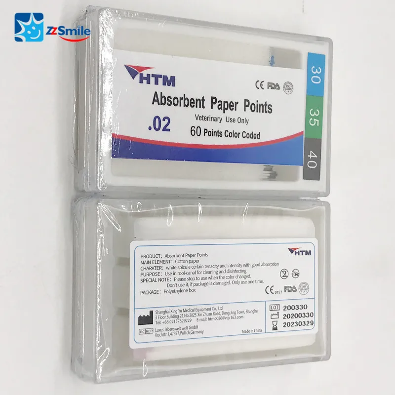 CE Approved HTM 60mm Absorbent Paper Point for Animal Use/Veterinary  Dental 02 Taper Absorbent Paper Point