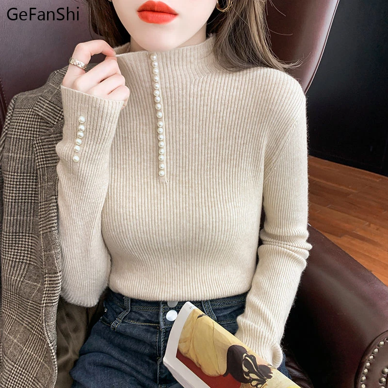 

Новинка, осенне-зимний вязаный свитер, женский толстый женский свитер с бисером, модные элегантные милые женские базовые облегающие пулове...