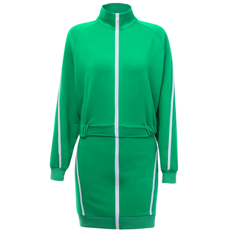 Повседневный зеленый комплект из двух предметов в полоску с воротником стойкой