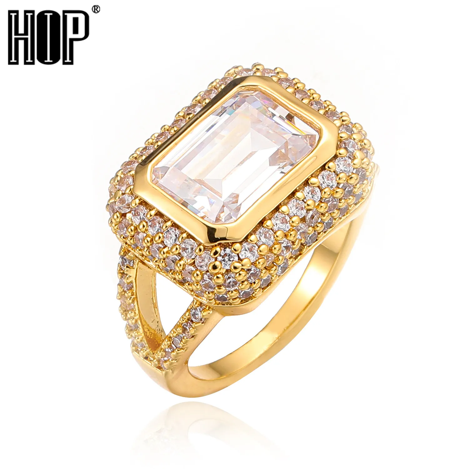 

Hip Hop Popular CZ Stones Large Square Stone Rings Tready Bling Iced Out Copper Cubic Zirconia Ring For Men Women Jewelry