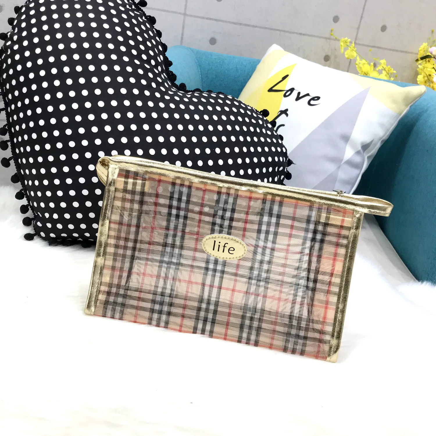 

2021 new mesh Stripe Cosmetic Bag Large Capacity wash bag waterproof cosmetic storage cosmetic bag lipstick bag cosmetic box