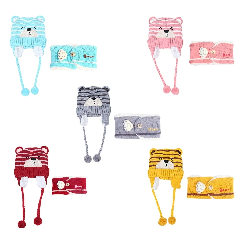 

Baby Cartoon Bear Embroidered Winter Warm Knitted Hat Earflap Neckerchief