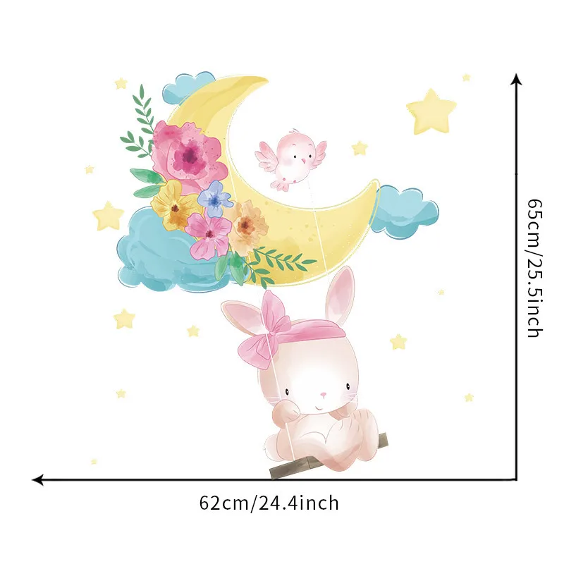 

Cute Swinging Rabbit Wall Stickers for Kids Rooms Nursery Wall Decor Flower Moon Vinyl Wall Decals for Baby Room Home Decoration