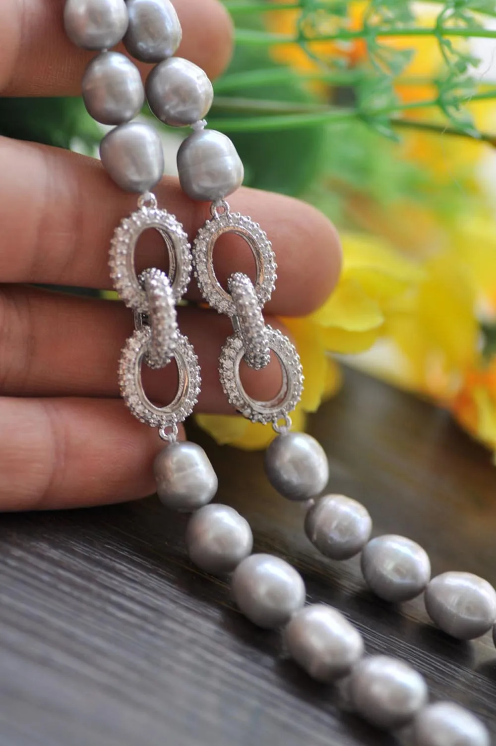 

P7478 20" Gray Rice Freshwater Pearl Ring-Chain CZ Necklace Choker Women jewelry