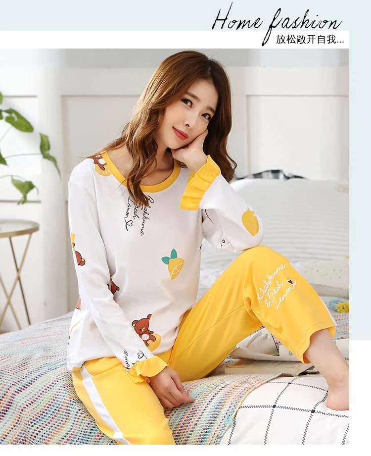 M L XL XXL 3XL 4XL 5XL Женская одежда для сна с длинным рукавом, хлопок, комплекты одежды для сна, осенние пижамы, женские пижамы