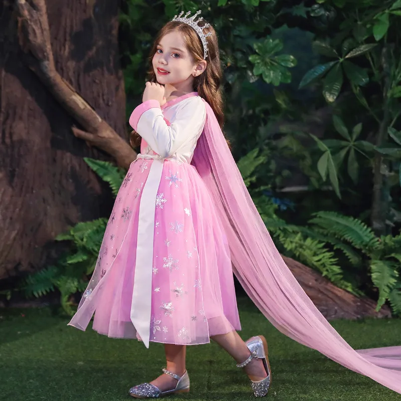 PinkFullSleeveCloak Новинка г.; платья принцессы Эльзы для девочек; зимнее платье для маленьких детей на Рождество, день рождения, вечеринку; одежда для костюмированной вечеринки с героями мультфильмов для подростков; Vestido - Цвет: PinkFullSleeveCloak