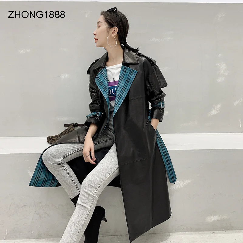 

Одежда наложница Haining Осенняя кожаная куртка женская ветровка средней длины из овечьей кожи тонкий пояс