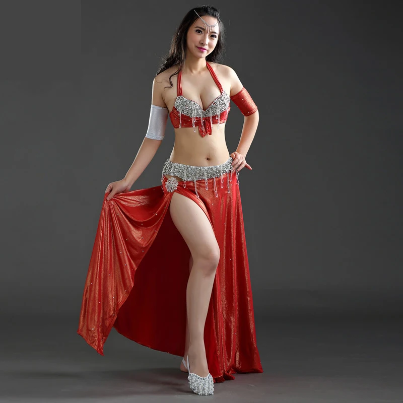Женская одежда для танца живота комплект из 4 предметов бюстгальтер юбка повязки и декоративные цветы Танец живота Костюм Набор Профессиональный