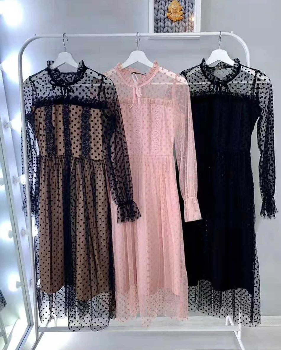 

Spring and Autumn Women's Sexy Long Sleeve Mesh Lace-Up Bowknot Polka Dot A-line Dress 2020 New Club Evening Party Dress Vestido