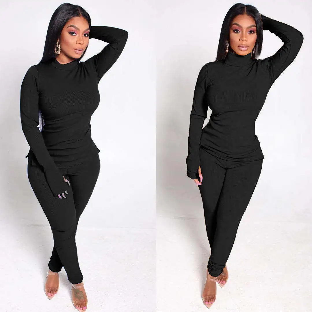 

Autumn new women's casual fashion and comfortable solid color high neck sports ladies two-piece suit women