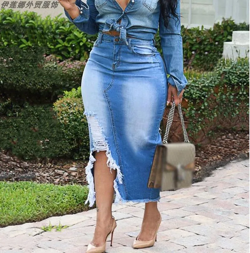 Женская джинсовая юбка макси размера плюс винтажная облегающая с высокой талией