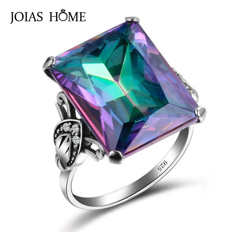 JoiasHome Top Quality Rainbow Fire Mystic Topaz Rings For Charm Women Square Gemstones Women Fine Jewelry Wedding Party Gift