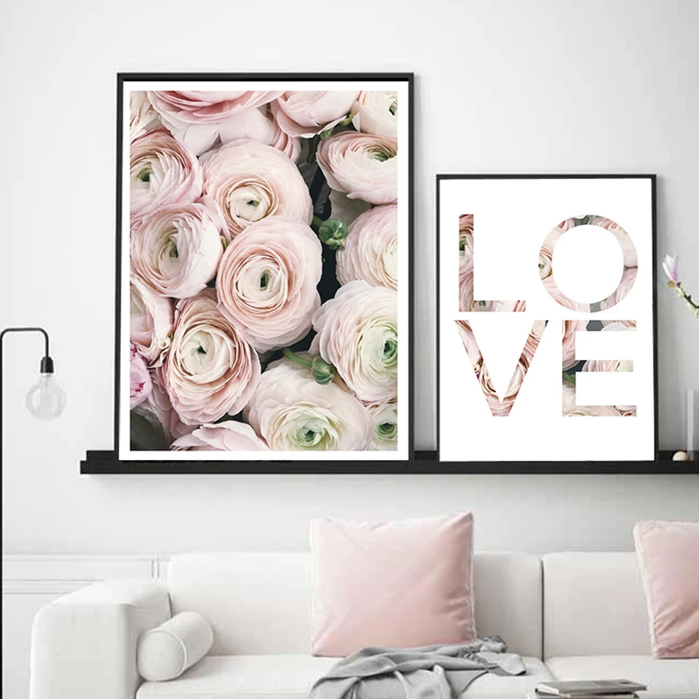 

Pink Rose Flower Poster Floral Plant Canvas Painting Love Quotes Art Print Norbic Wall Picture For Living Room Home Decor