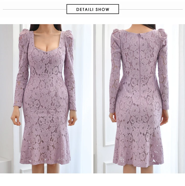 

Spring New 2021 Korean Purple Party Cloth Slim Mid-Length Bodycon Sexy Fishtail Full Lace Dress Women