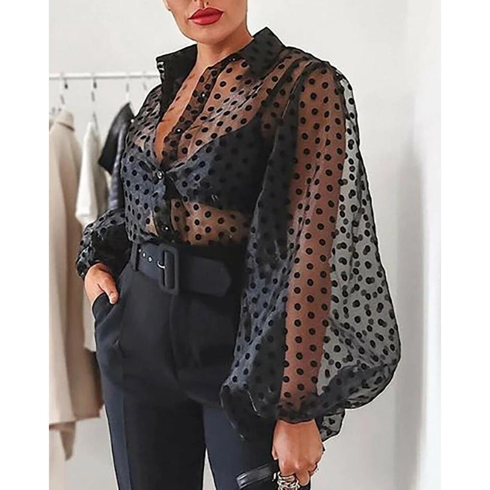 Женская прозрачная шифоновая блузка элегантная привлекательная в горошек с