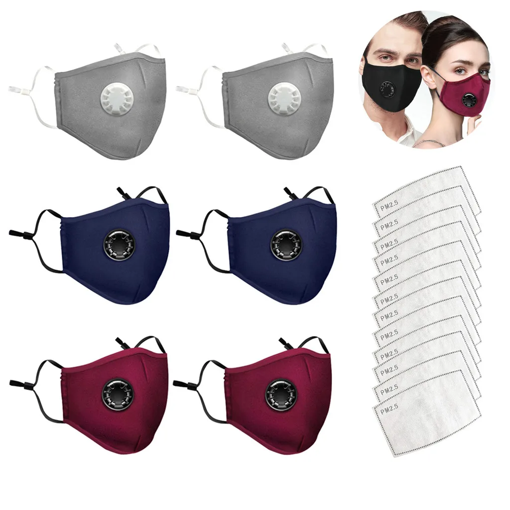 

6PCS Fashion Anti-dust Face Mask With Breathing Valve Washable Cotton Filter PM2.5 Anti Haze Mouth Masks Moto Cycling Masks
