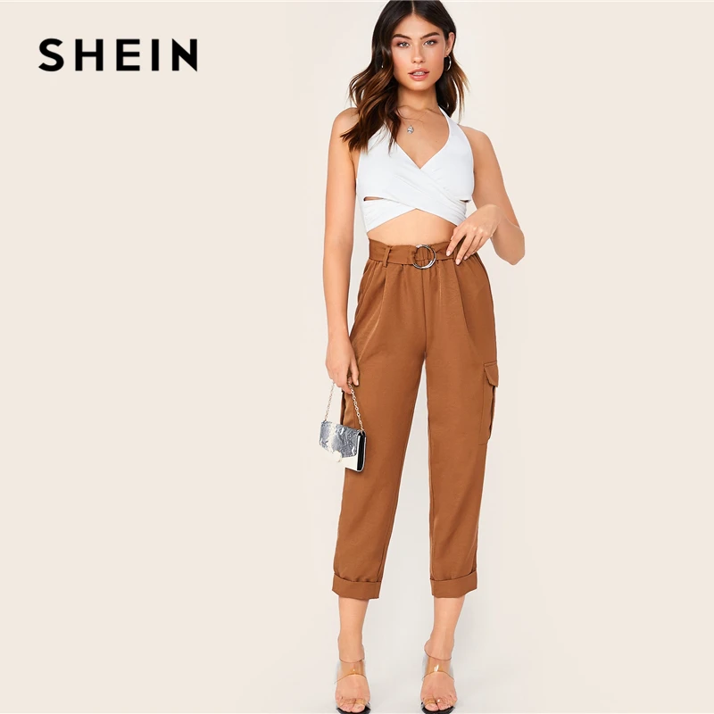 SHEIN/коричневые штаны с О-образным кольцом и поясом, с клапаном, с боковым откатом на подоле, для женщин, Осенние однотонные повседневные женские укороченные брюки с эластичной резинкой на талии