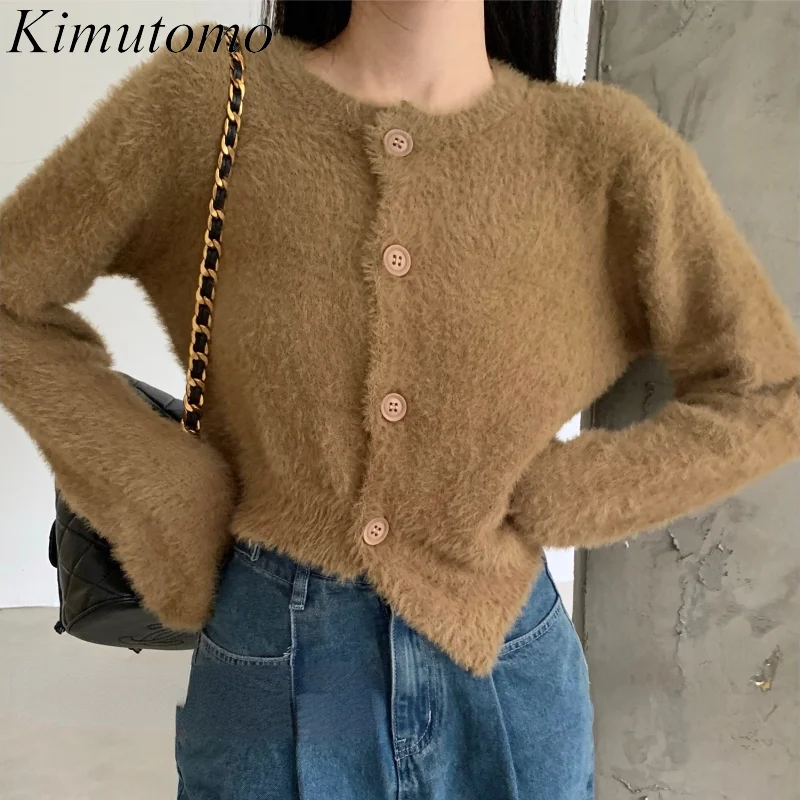 

Женский Повседневный свитер Kimutomo, Новинка осени 2021, корейский нестандартный дизайн, универсальный короткий вязаный кардиган с круглым выре...