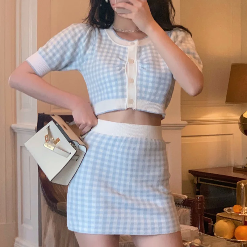

Summer Sweet Knit 2 Piece Set Women Sexy Crop Top + Bodycon Mini Skirts Sets Plaid Short Cardigan & Skirt Tracksuits Sweat Suits