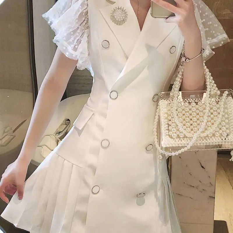 

Women Turn Down Collar Double Breasted OL Blazer Dress Korean Style Slim Cute Mesh Sleeve Pleasted Mini Summer Dresses