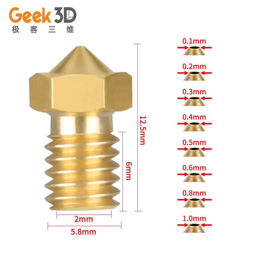 

5/10pcs V5 V6 Nozzle 0.2/0.25/0.3/0.4/0.5/0.6/0.8/1.0mm for 1.75mm/3.0mm Filament M6 Hotend Extruder Threaded Brass 3D Printers