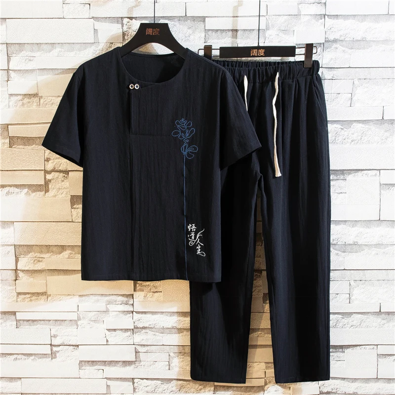 (Рубашка + брюки) 2021 Летняя мужская рубашка мужские рубашки из хлопка и льна