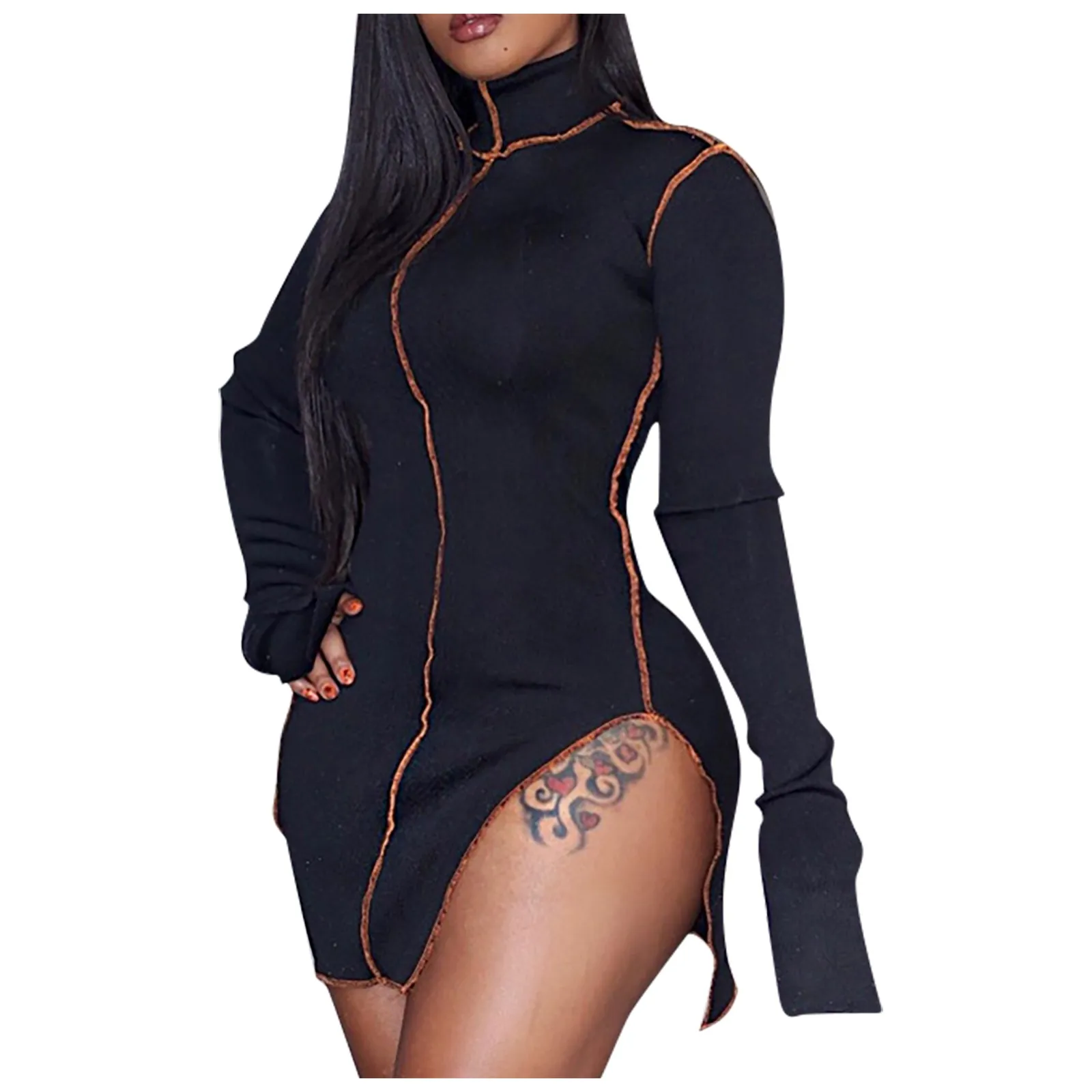 Fashion Long-sleeved dress High Collar robe Splicing Line Temperament Slim Dress Women Casual Loose woman женское платье |