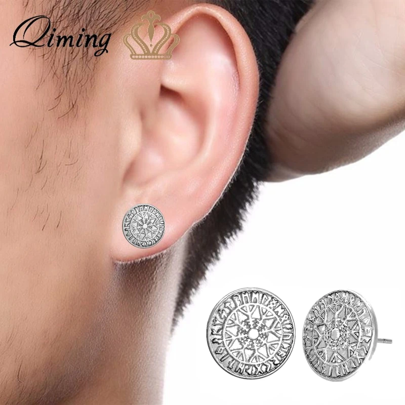 QIMING Rune трендовые серебряные мужские серьги новые антикварные Викинг для женщин