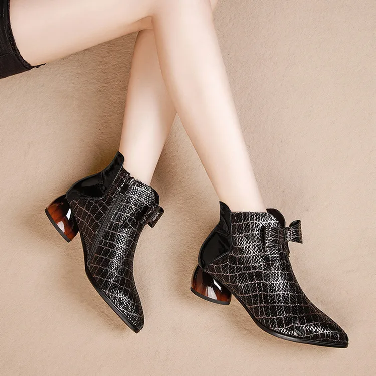 

MLJUESE 2020 women ankle boots sheepskin pointed toe checkered winter short plush bow-tied round heels women boots size 34-42