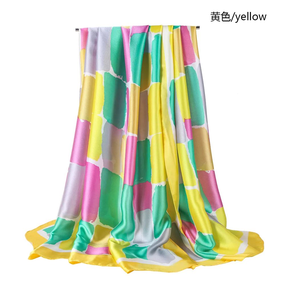 

90X180cm Imitation Silk Polyester Colorful Square Printing Geometry Ethnic Bohemian Thin Shawl Scarf Muslim Hijab for Women