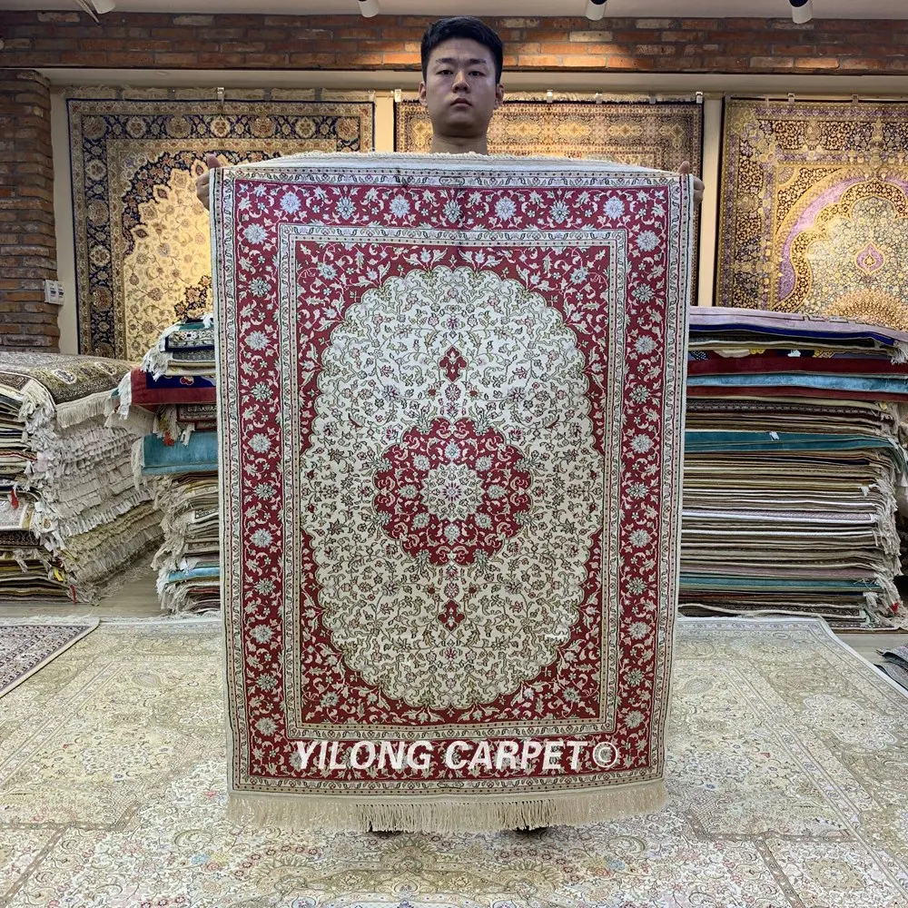 

Yilong 2.7'x4' Tabriz silk carpet red vantage handmade rug prices (HF203B)