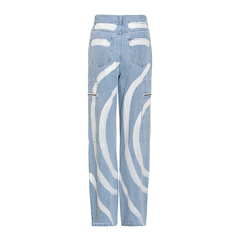

TWOTWINSTYLE Irregular Print Jeans For Women High Waist Hit Color Straight Casual Wide Leg Denim Pants Female 2021 Spring Style