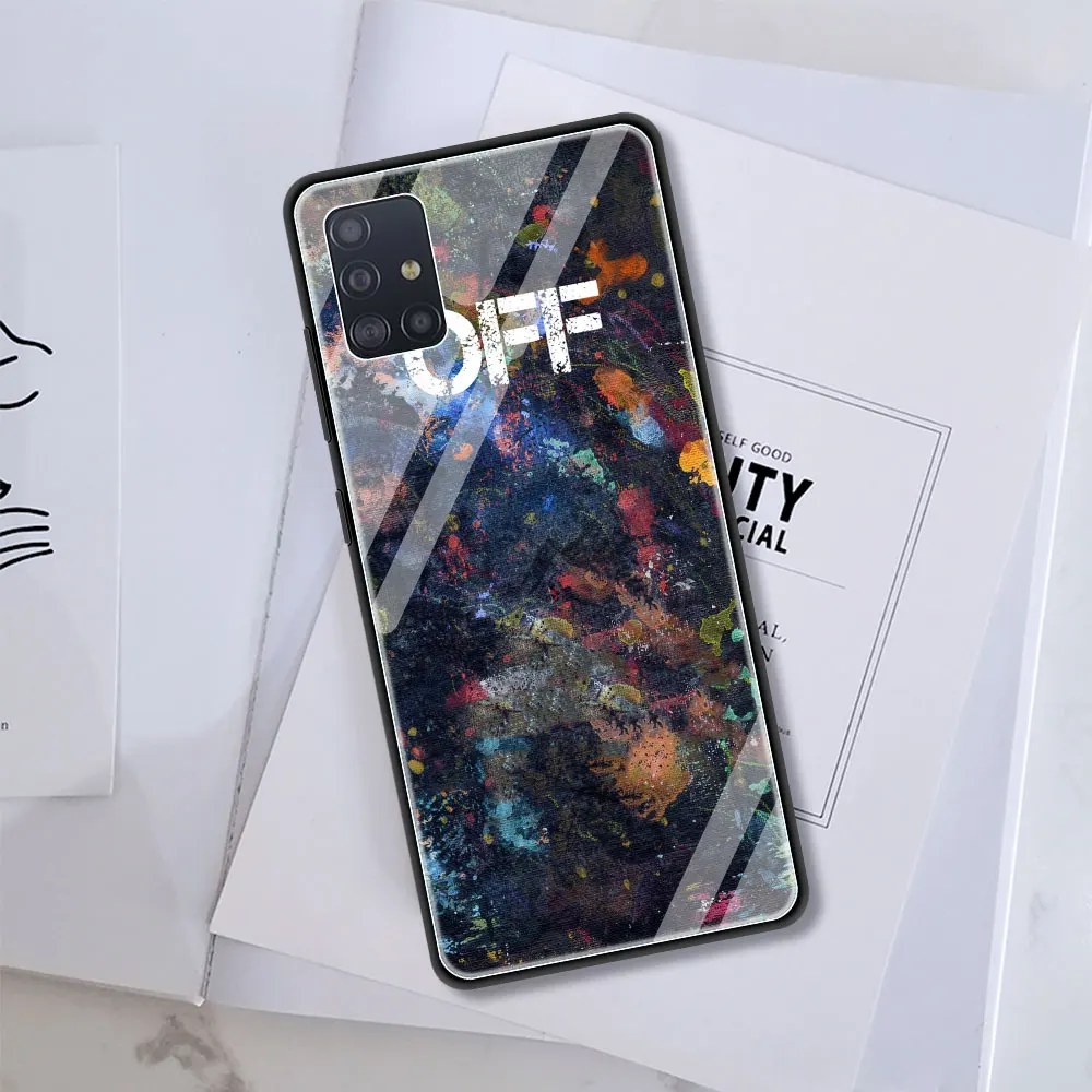 

OFF Ow White Tempered Glass Cover for Samsung Galaxy A21S A50 A51 A70 A71 A10 A41 M31 M51 Luxury Soft Edge Case Shell