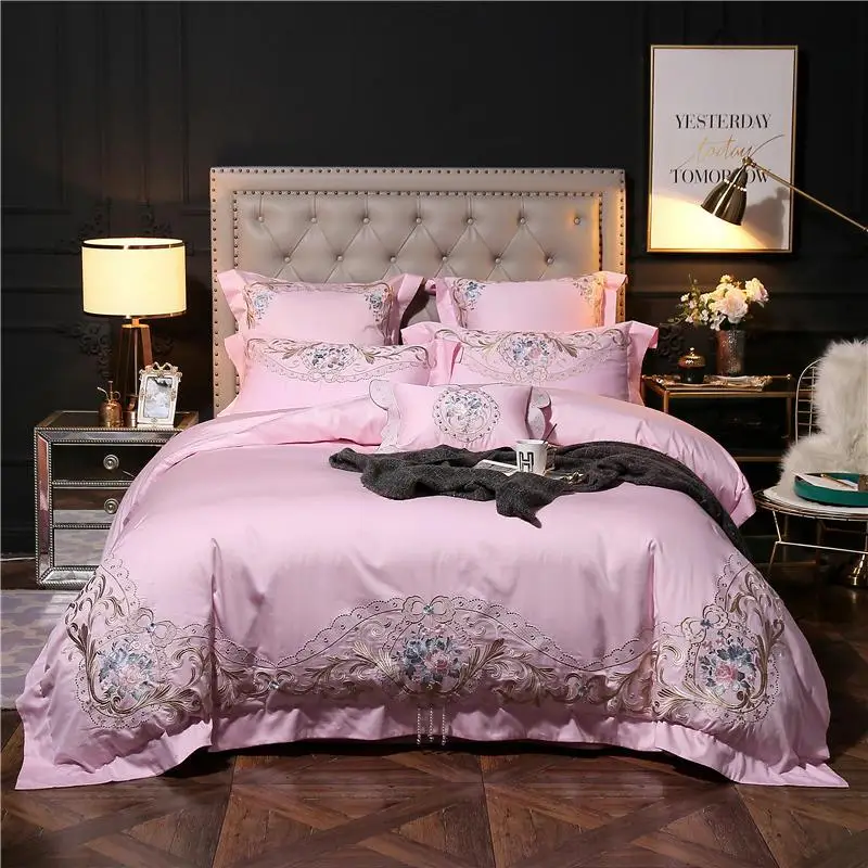 

Luxury Pink Blue Bedding set king queen size bed set embroidery Egyptian Cotton Bed sheet set Bed/Duvet Cover juego ropa de cama