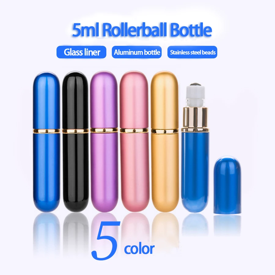 

MUB-5ml Portable Mini Refillable Perfume Bottle Essential Oil Metal Roller Ball Travel Empty Container Leakproof Roll on Bottles