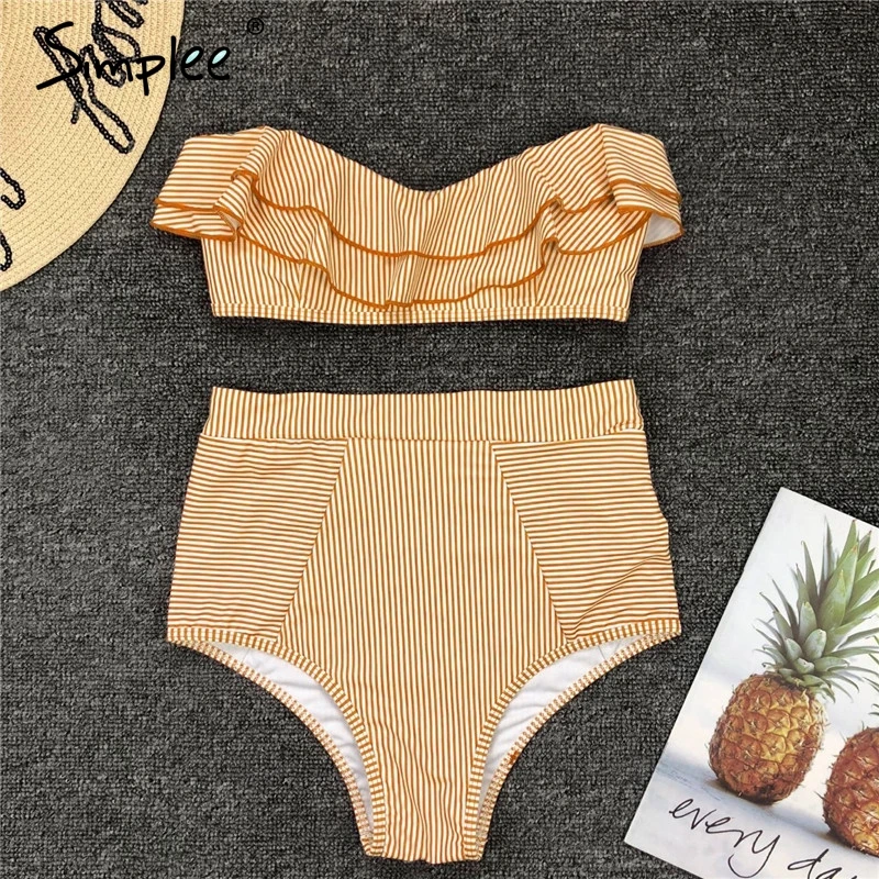 Набор бикини пуш-ап Simplee с рюшами в полоску для женщин Лето 2019 пляжный женский