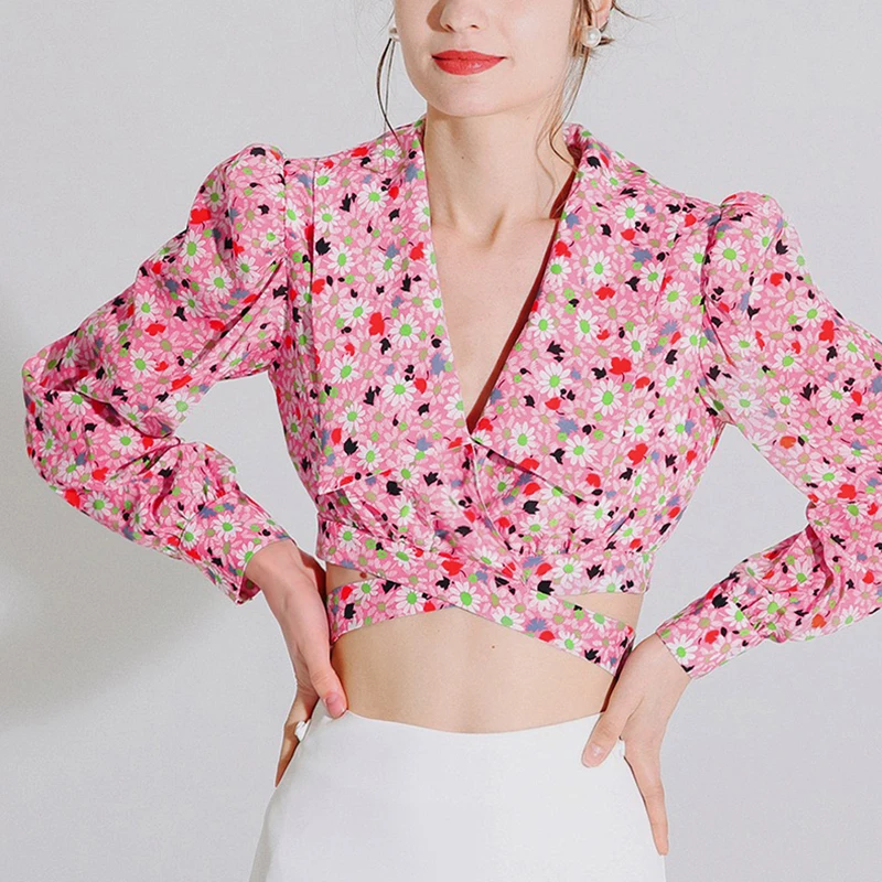 

VGH Pink Print Elegant Shirts For Women V Neck Puff Long Sleeve Short Slim Lace Up Bowknot Blouses Female Summer Fashion Stylish