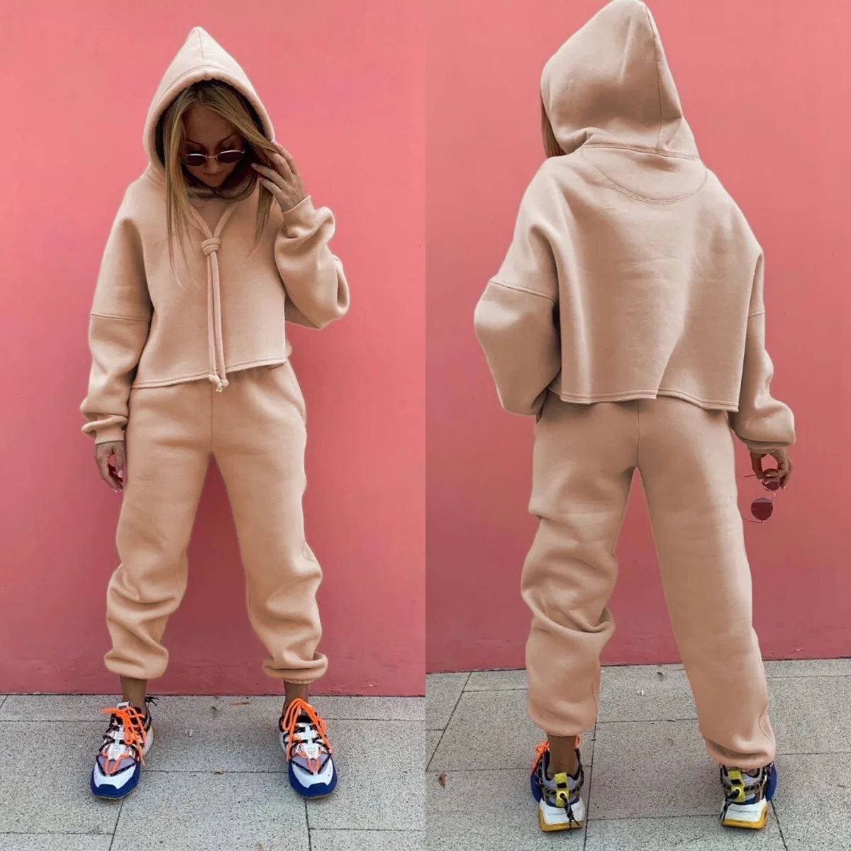

2020 Women Hoodies And Pants 2 Piece Set Suit Outfits Ladies Pocket Warm Thicken Pullover Sweatshirts High Waist Suits