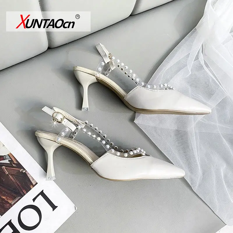 Fashion Pearl Buckle Stiletto Heels Pumps Women Sexy Slingbacks Pointed Teo Party Shoes Women Patchwork Pvc Sandals Lady