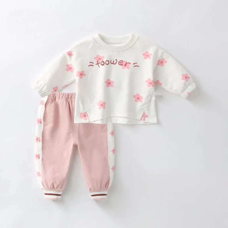 

2021 New Girls Spring and Autumn Suits Long Sleeved Prined Flower Clothes 1-2-3-4 Years Old Children Casual Set Cotton Shirts
