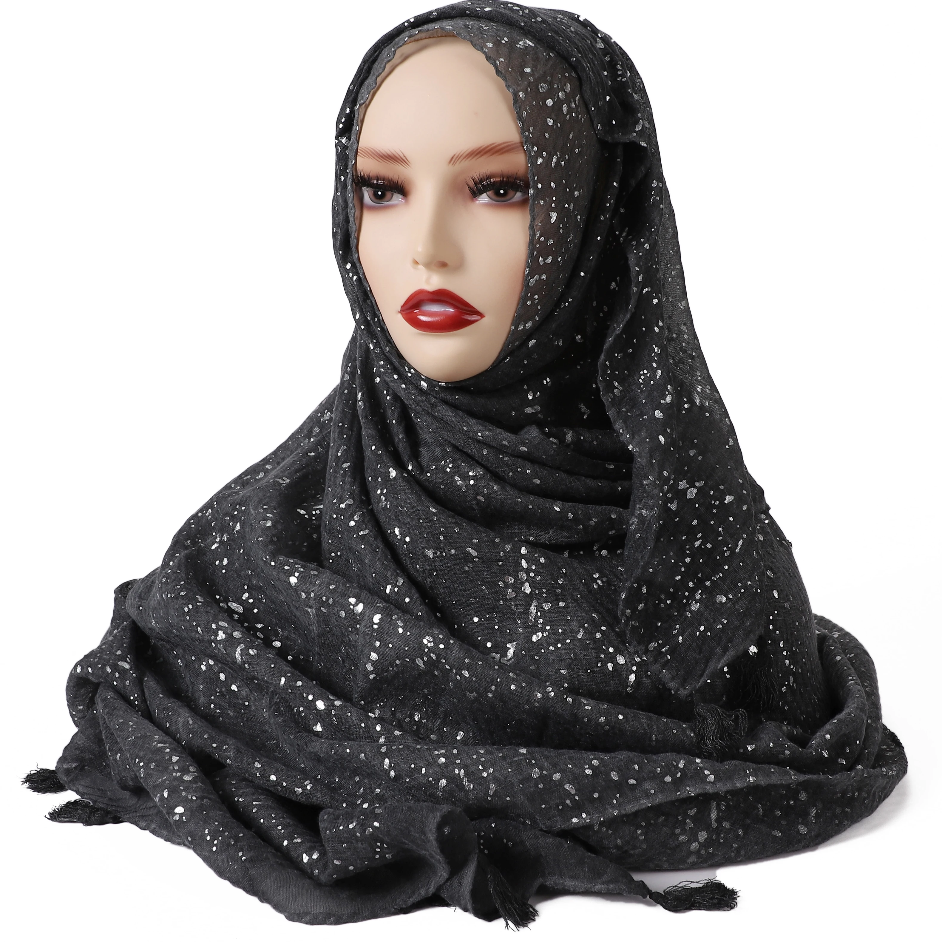

Bubble wrinkle plain turban ladies turban shiny shiny shiny flower gold print plain Muslim Islamic turban scarf shawl 180*90CM