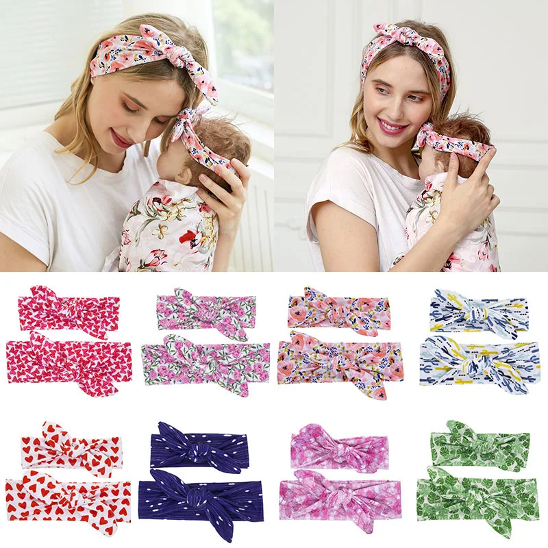 

2Pc/Set Mother Baby Turban Mom And Me Matching Headband Mom Daughter Rabbit Ears Headbands Floral Print Hair Accessories