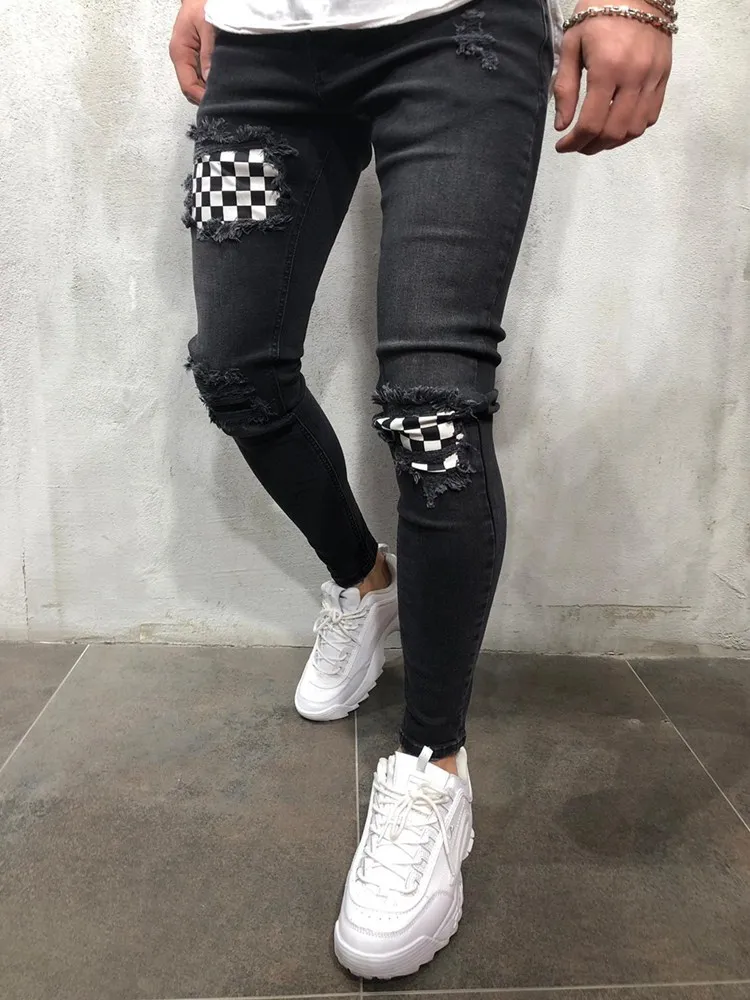 New Fashion Men's Jeans Spliced Ripped Denim Pants Pencil Jeans Slim Patch Biker Jeans Plaid Paster Jogging Movement Pants